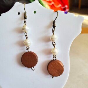 2IN Bronze Hook Wood Disc Bead Dangle Earrings NWT